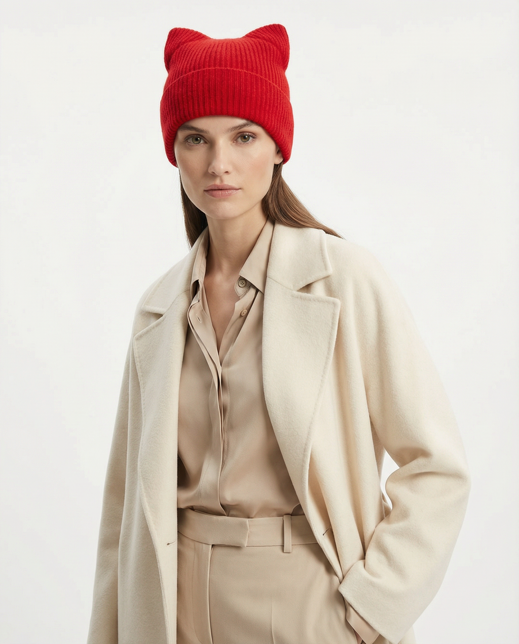 Cashmere Ribbed Knit Cat Ear Beanie
